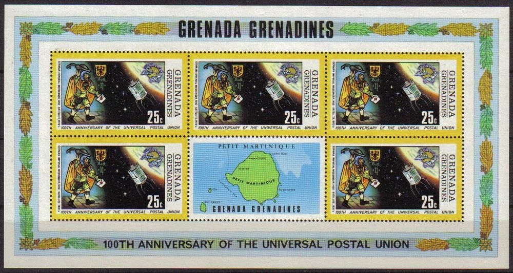 z vendido Grenada Grenadines 1974 Scott 25 Sellos ** HB Cent. UPU Cartero Imperial Aleman 1450 y satélite de 1970 Granada Grenadinas
